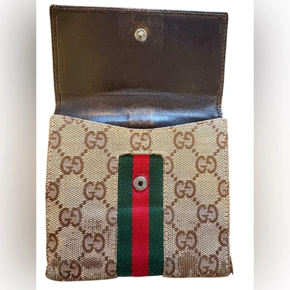 Vintage Gucci Beige Monogram Wallet with Black Leather and Red-Green Stripe